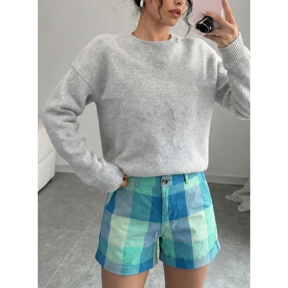 Old Navy Blue Green Plaid Chino Shorts Size 14 Cotton Mid Rise Cuffed Summer